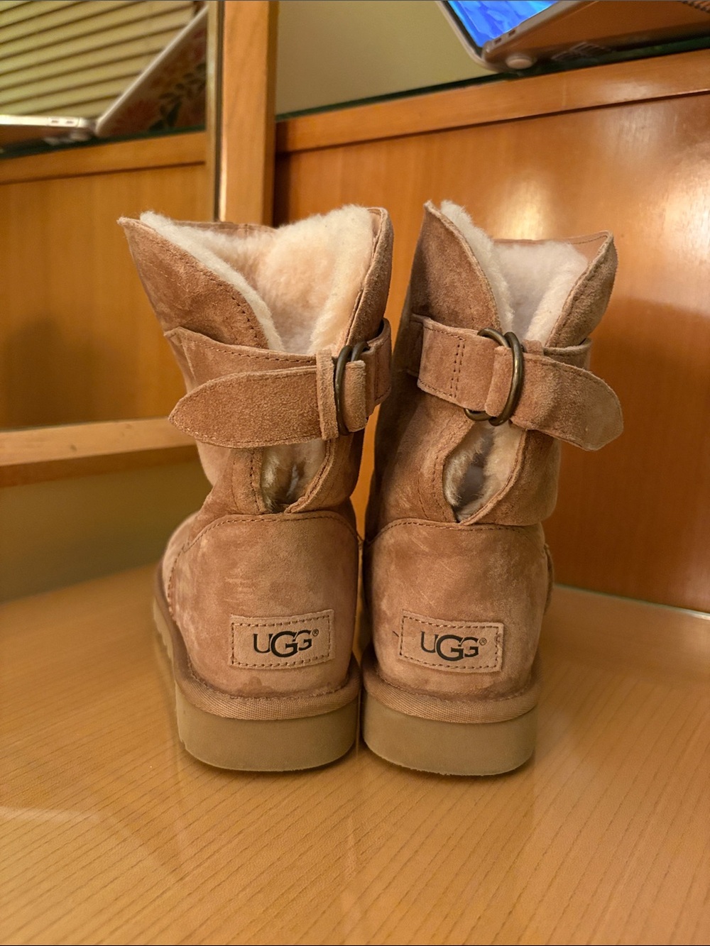 UGG Chestnut Suede Shearling Buckle Boots
